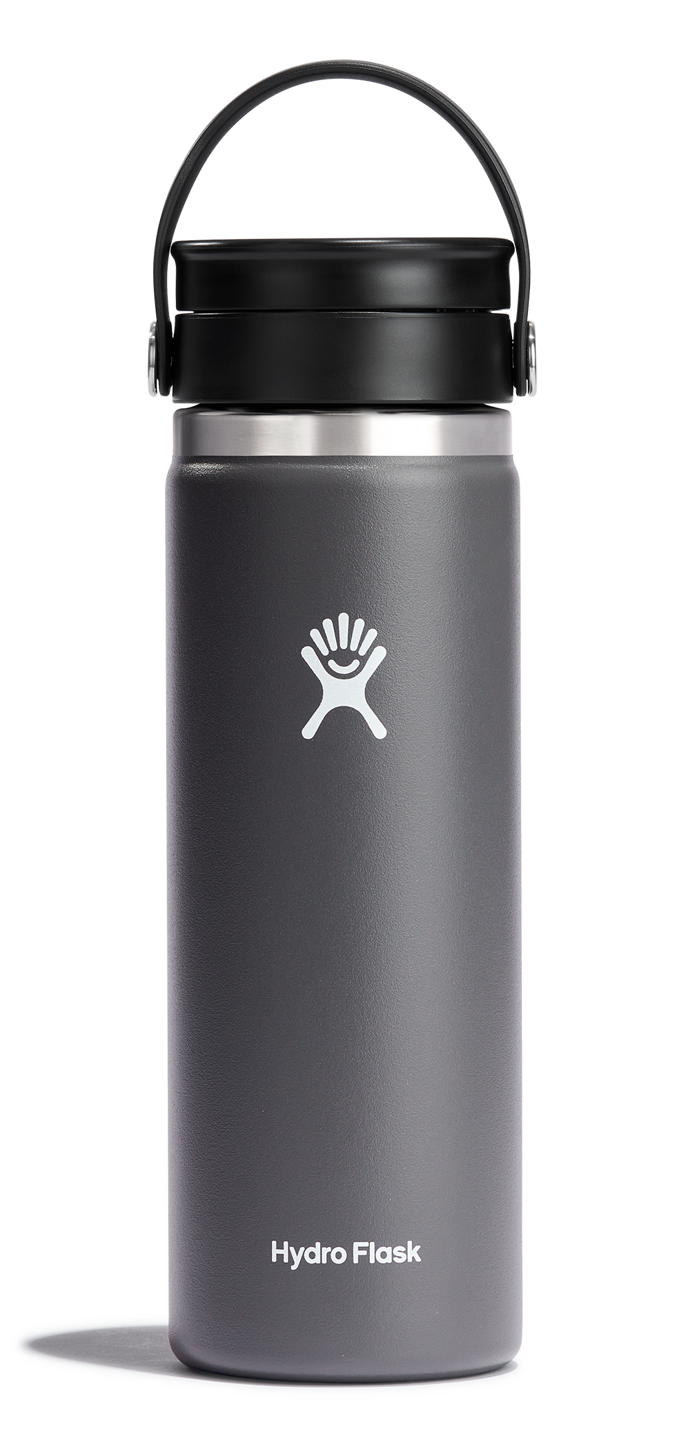 Hydro Flask Wide Mouth Insulated Bottle with Flex Sip Lid in gray, designed for hot and cold beverages, leakproof and cup holder compatible.